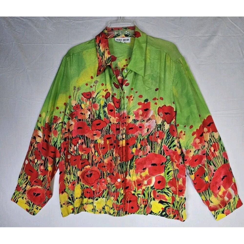 Nicole Taylor Shirt Women Medium POPPY 100% Silk Art To Wear 90s Button Vintage